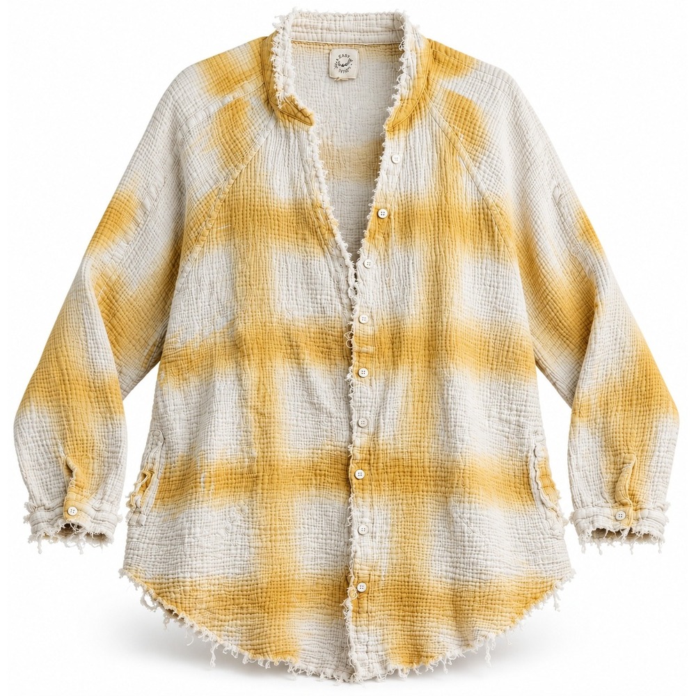 Fantastic Fawn Yellow Plaid Cotton Gauze Frayed Oversized Shirt L IFT10127-01